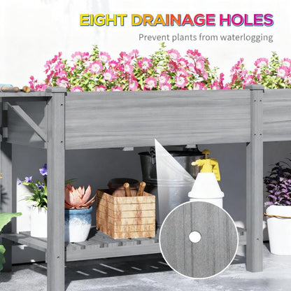 Grey Wood Raised Garden Planter with Table and Storage Shelf