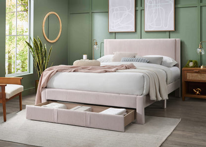 Queen Bed with Corduroy Upholstery - Pink Storage Bed
