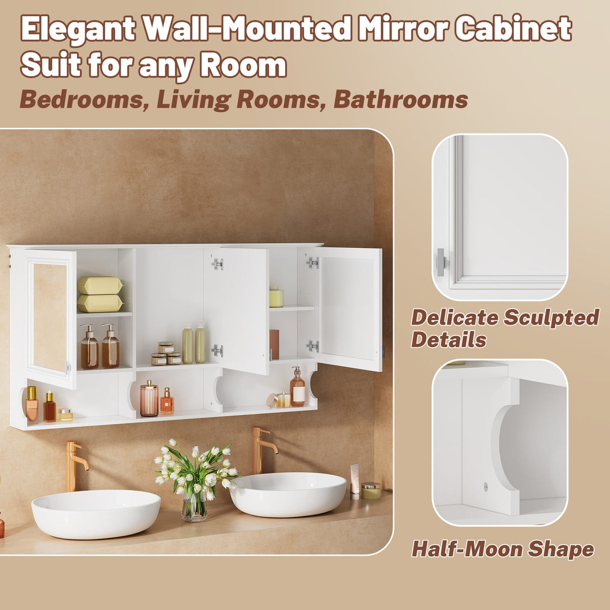White Bathroom Storage Cabinet Mirror - 55 Inch Wall Mounted Medicine Cabinet