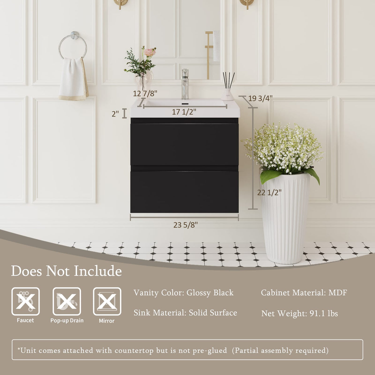 23.6 Inch Black Wall-Mounted Bathroom Vanity with Resin Sink