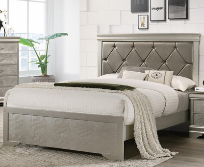 Queen Beige Modern Panel Bed - Wood Frame for Bedroom