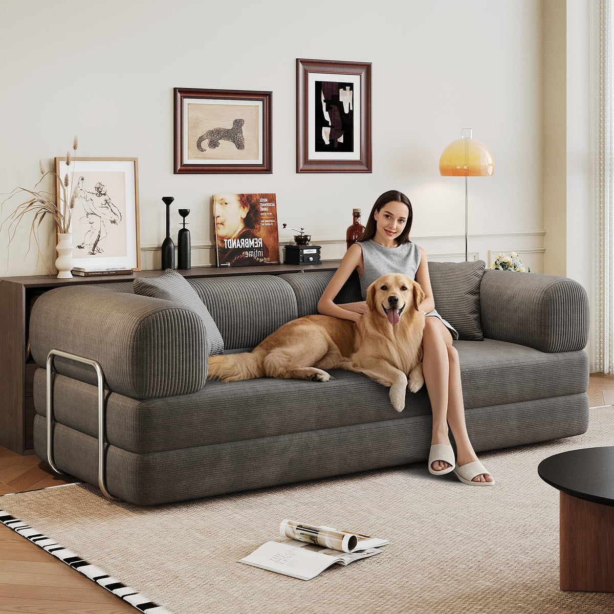 78.8" Grey Corduroy Sofa Bed Convertible Sleeper Futon, No Assembly Needed