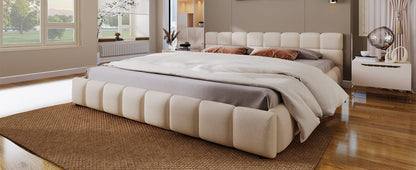 Beige Chenille Upholstered Queen Bed Frame with Checkerboard Design for Bedroom