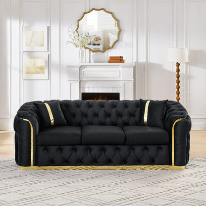 Living Room Velvet Chesterfield Sofa - 3 Seater, Black with Gold Stainless Steel