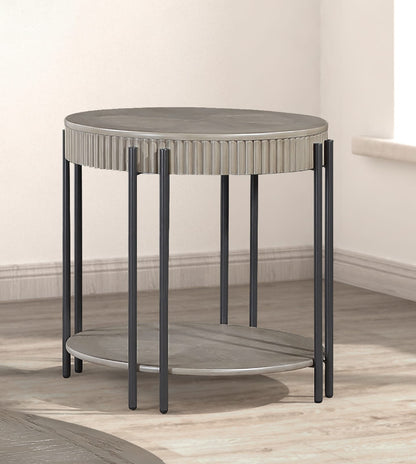 Round Black Brown Wood End Table with Storage Shelf for Living Room