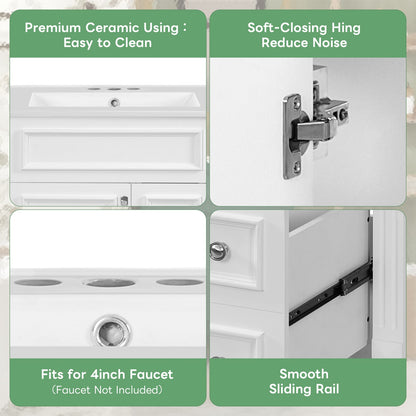 24 Inch White Bathroom Vanity with Ceramic Sink and Two Drawers