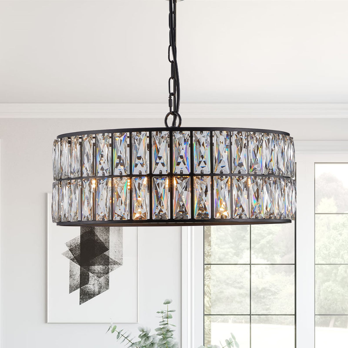 Black Modern Crystal Drum Chandelier - 6 Light Pendant Lighting Fixture
