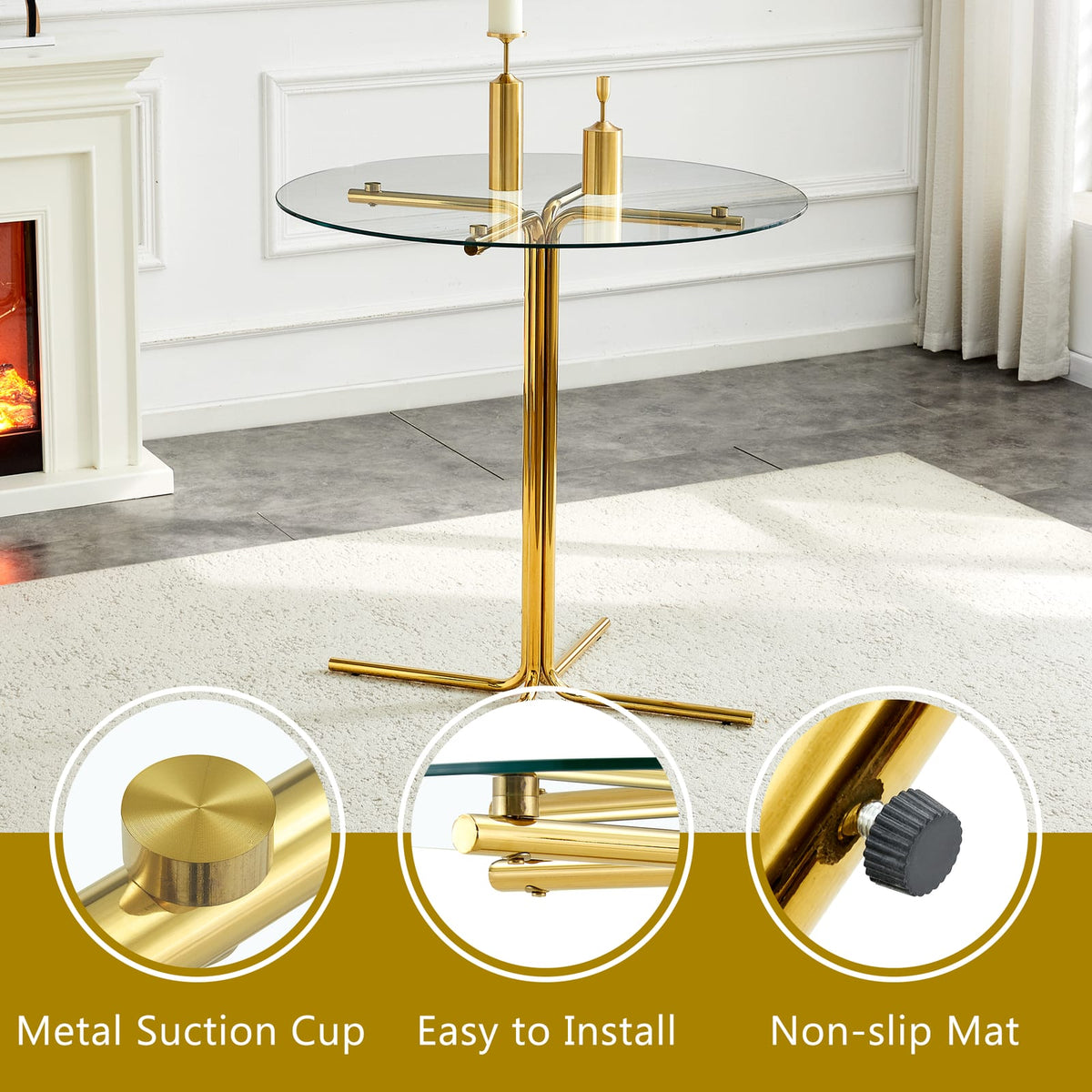 Round Glass Bar Table with 2 Black Stools - Gold Base for Dining Room