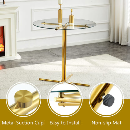 Round Glass Bar Table with 2 Black Stools - Gold Base for Dining Room