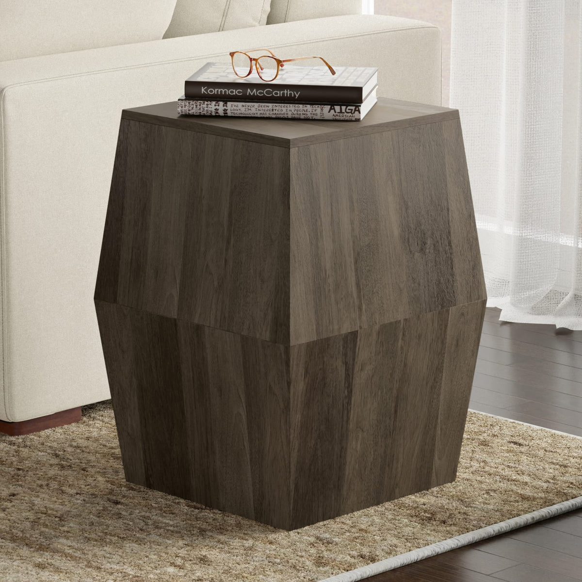 Grey Ash Hexagonal Side Table - 16" W x 22" H Wood Table for Living Room