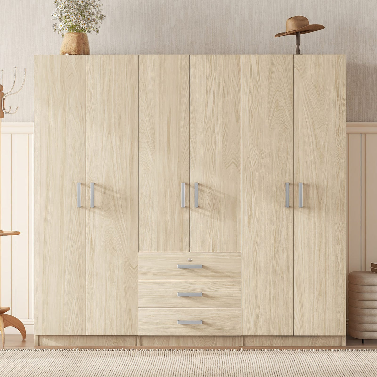 6-Door Wooden Wardrobe - Brown Storage for Bedrooms