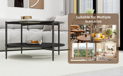 Black Oval Coffee Table with Glass Top & Wooden Shelf