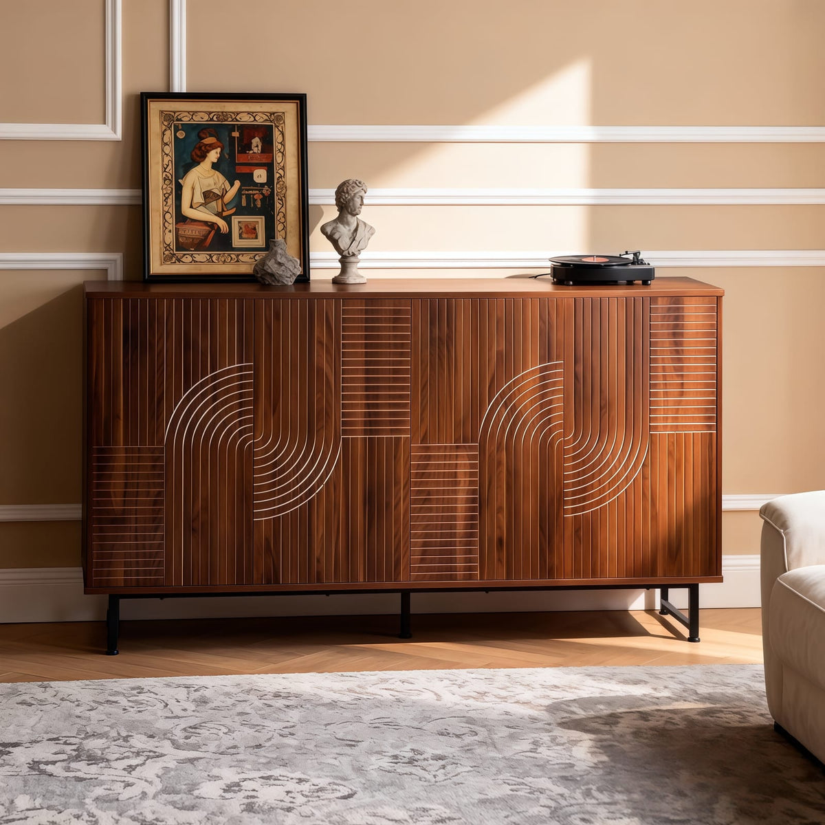 Walnut Wood Sideboard Buffet Cabinet - 59" Storage