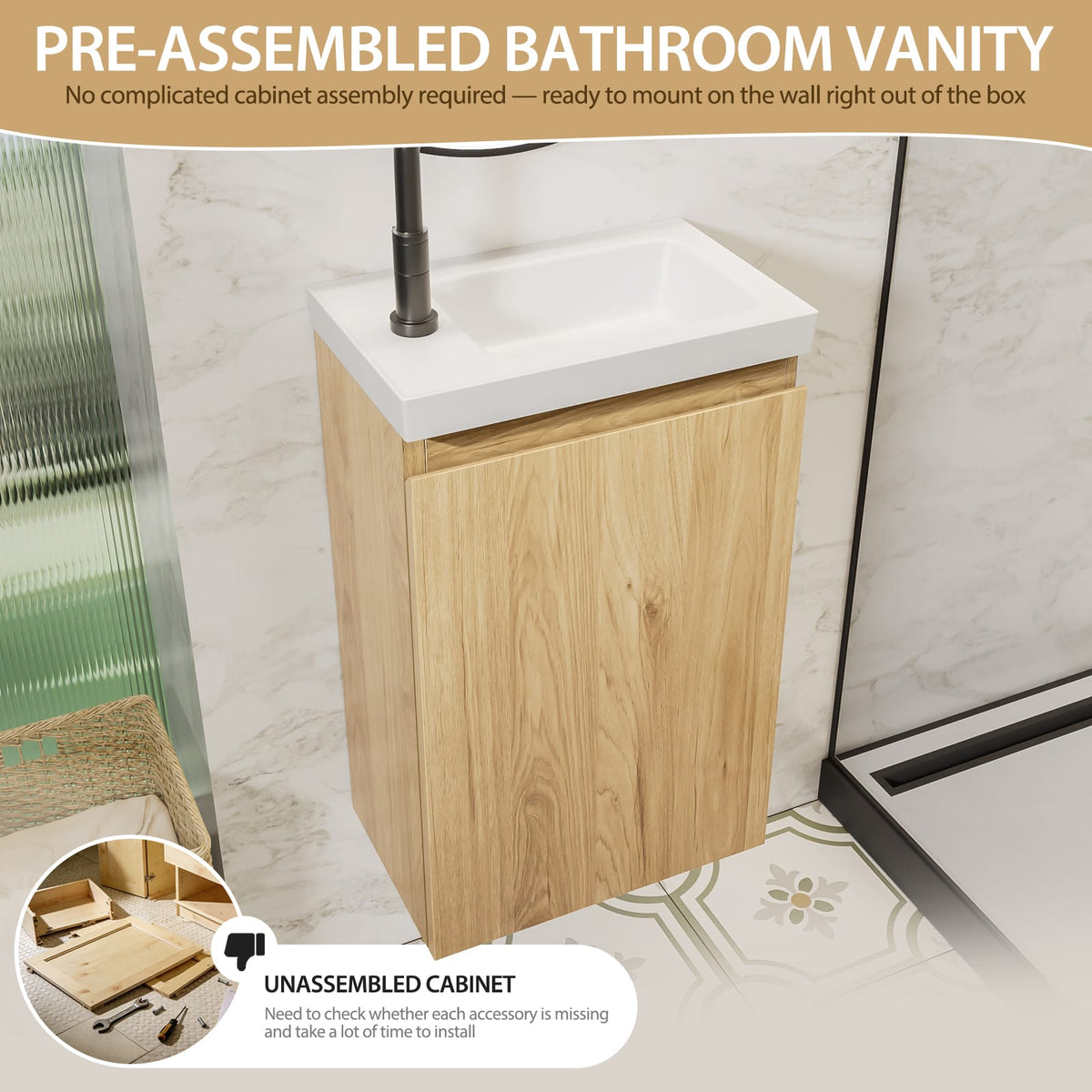 16 Inch Natural Wood Bathroom Vanity with Sink - Wall Mounted