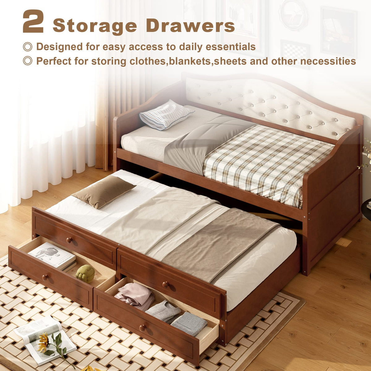 Twin Walnut Daybed with Trundle - Storage Sofa Bed for Bedroom