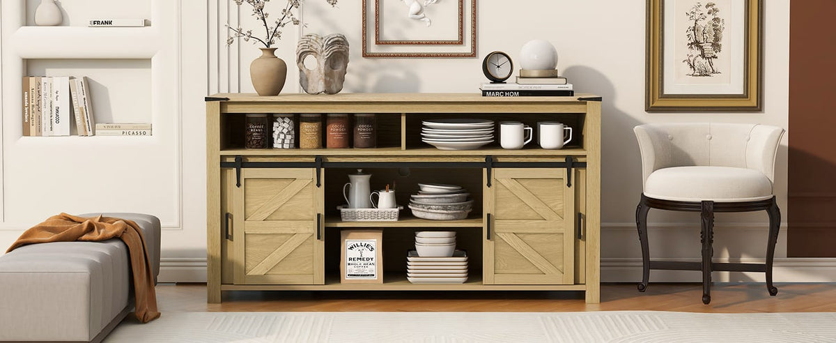 59.3" Natural Farmhouse Sideboard with Sliding Doors