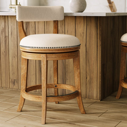 Pecan Wood Fabric Stool for Guest Room Decor, Curved Seat Bench for Bedroom