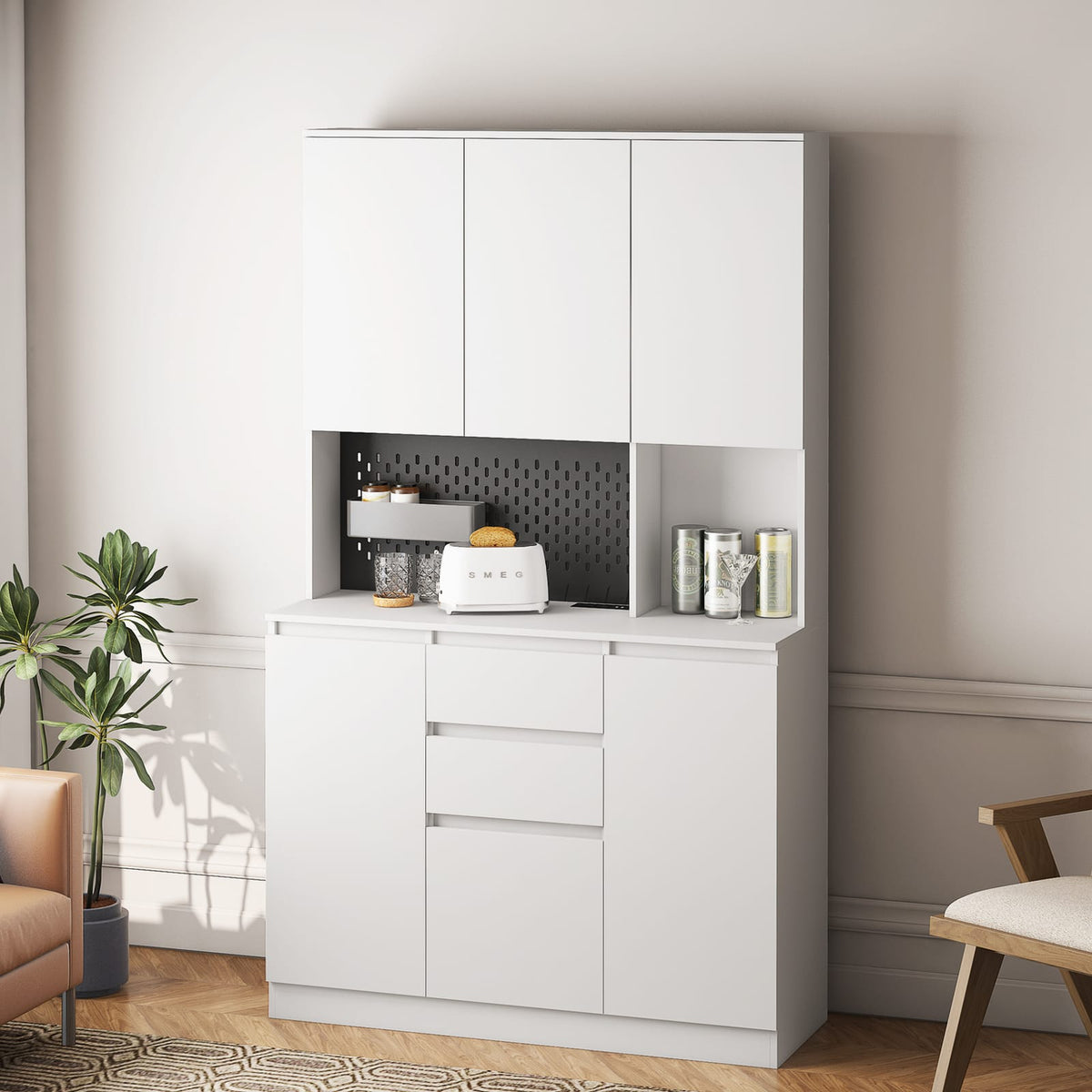 74" Kitchen Pantry Cabinet - White Particle Board Buffet Server