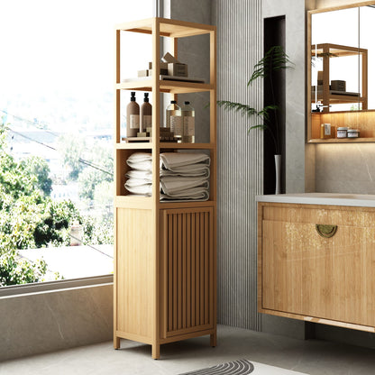 Bamboo Storage Cabinet - Tall Slim Linen Tower with Shutter Doors