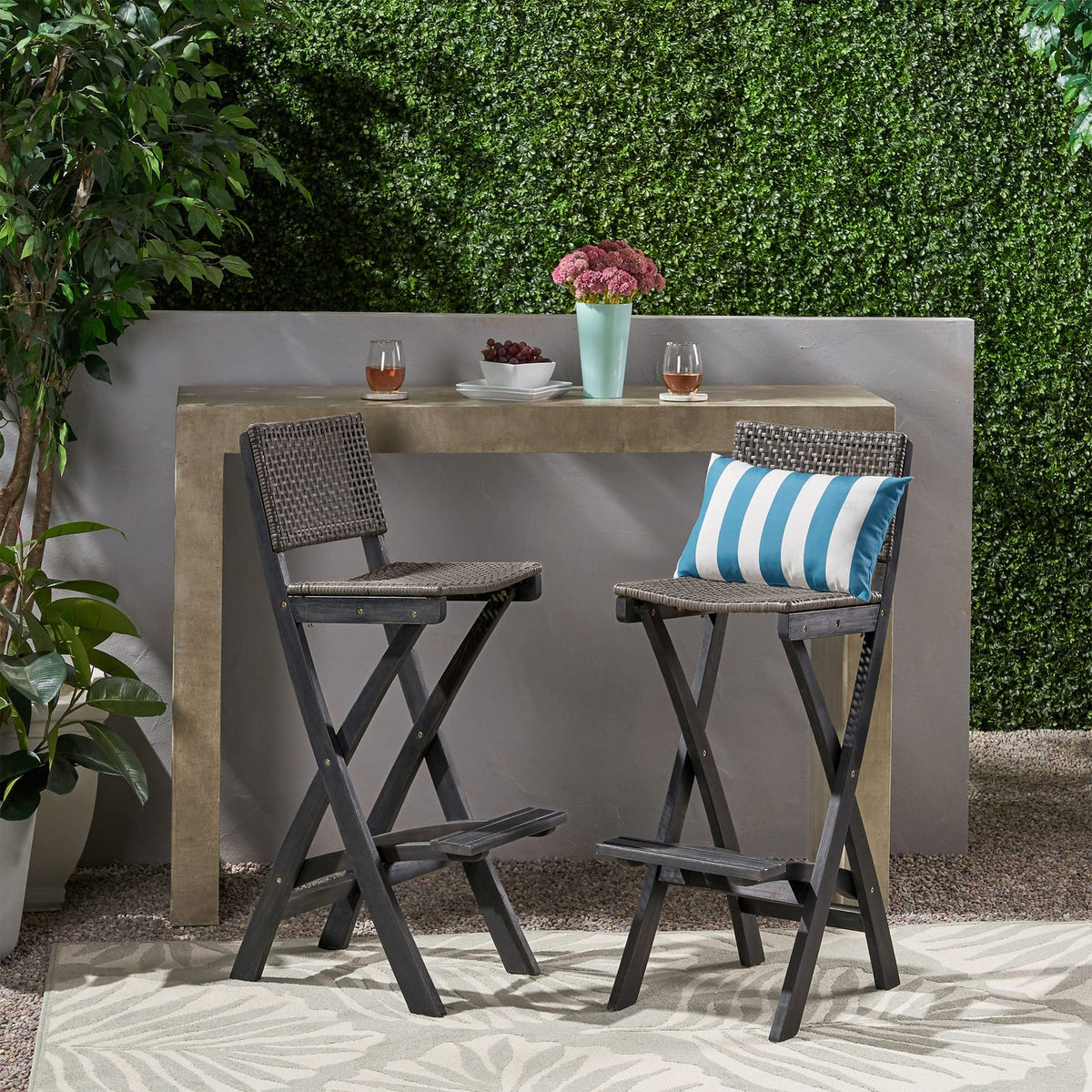 Dark Gray Acacia Wood Folding Barstools - Set of 2 for Outdoor