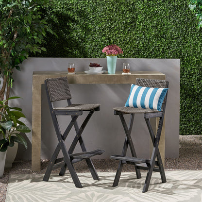 Dark Gray Acacia Wood Folding Barstools - Set of 2 for Outdoor