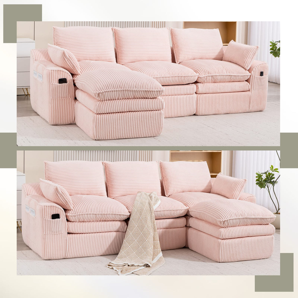 Pink Corduroy 3-Seat Sectional Sofa - Plush Comfort for Living Room