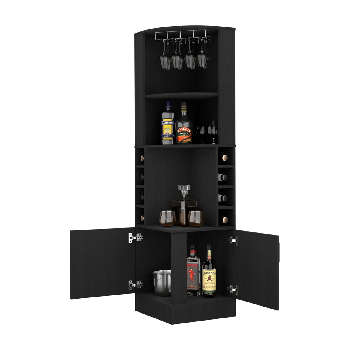 Black Corner Bar Cabinet with Wine Rack - 18.4"W x 18.4"D x 71.1"H