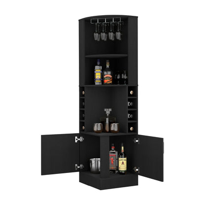 Black Corner Bar Cabinet with Wine Rack - 18.4"W x 18.4"D x 71.1"H