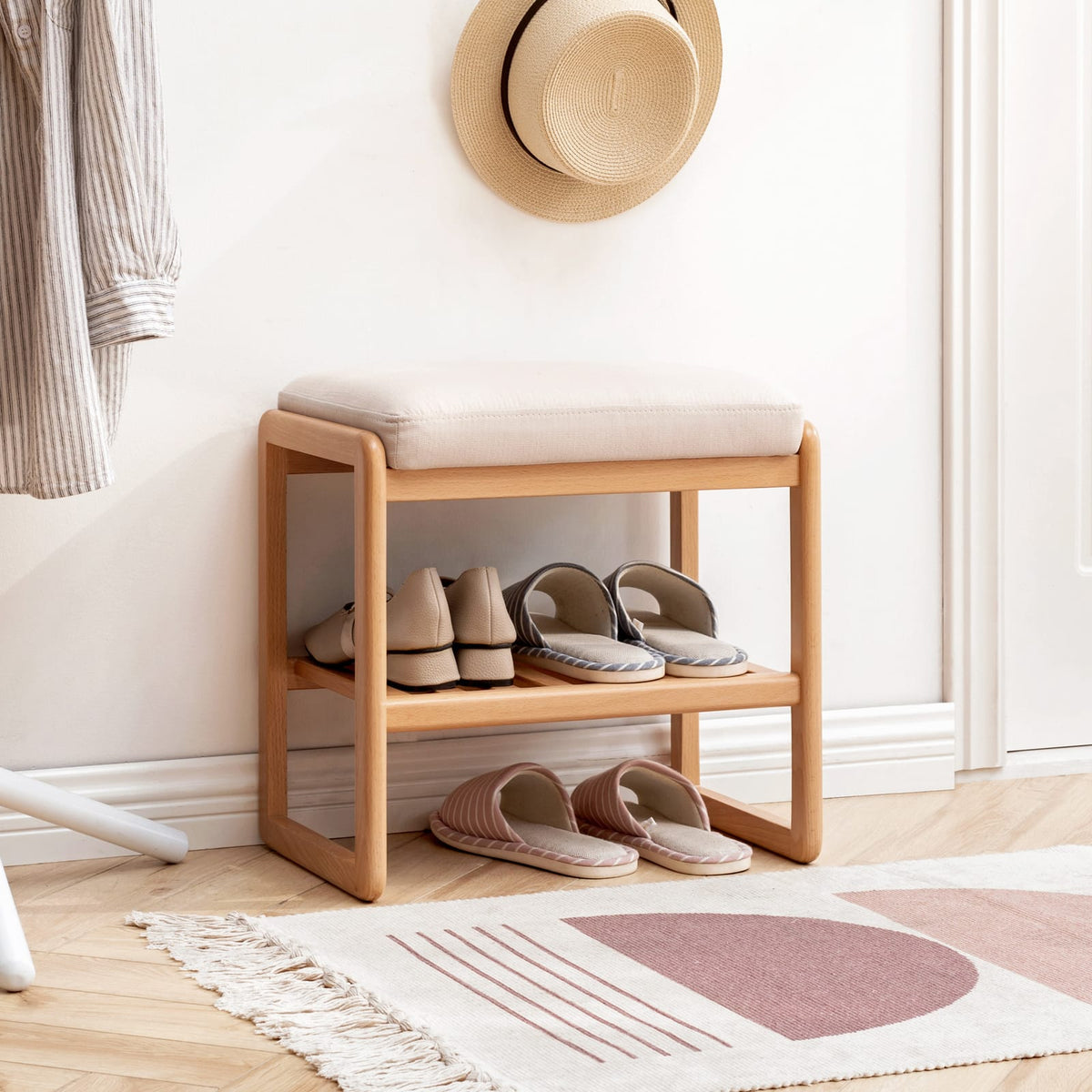 Natural Solid Wood Shoe Bench with Storage Shelves for Living Room