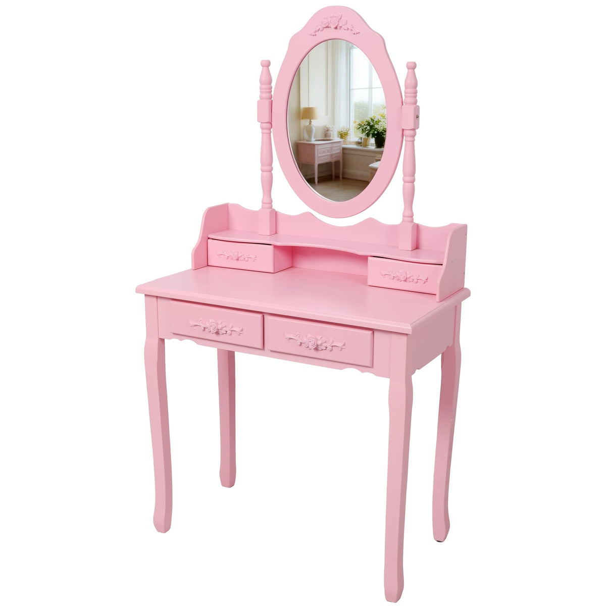 Pink Princess Vanity Desk Set - 4 Drawers, Mirror & Stool