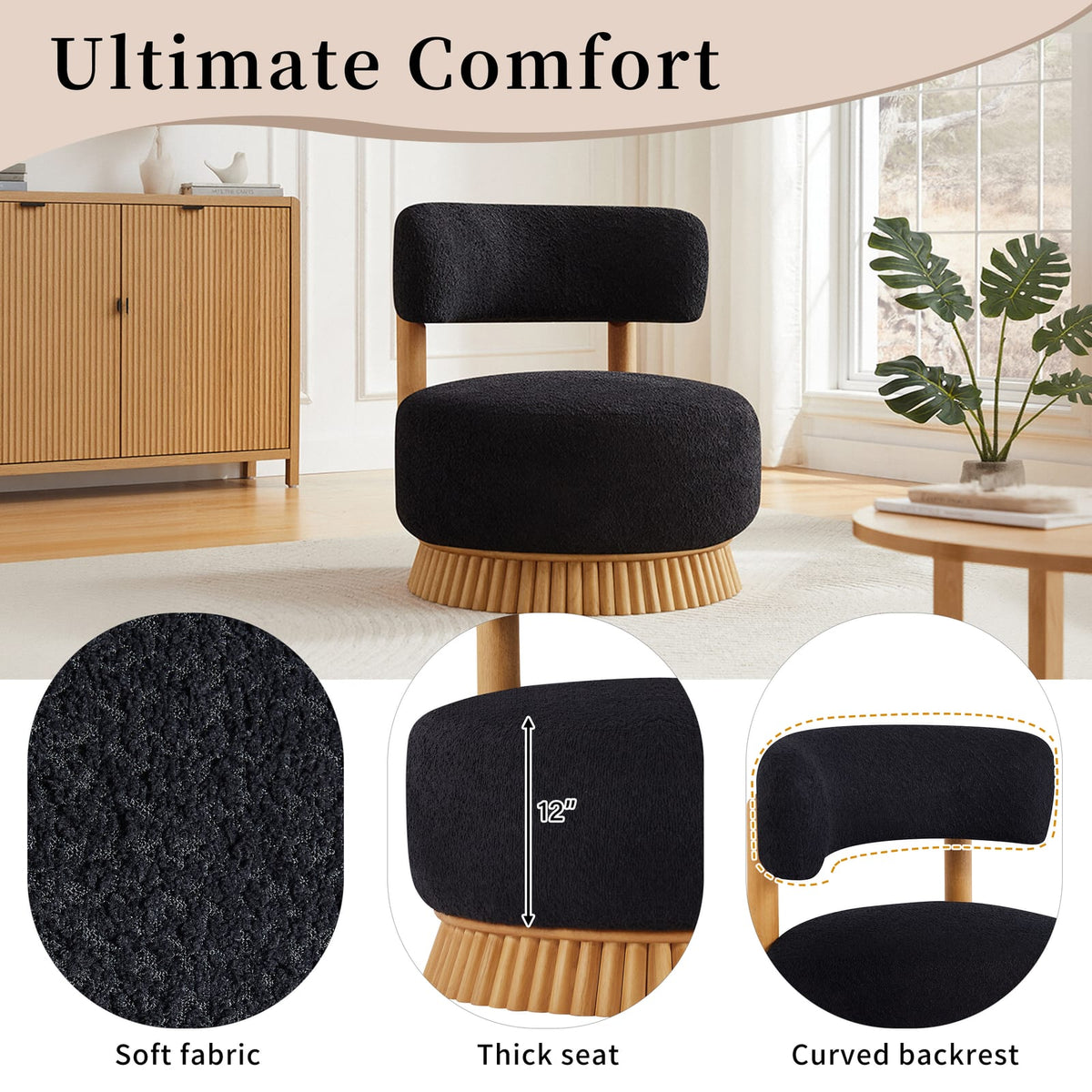 Black Boucl Armless Chair - 27.5" Farmhouse Style Accent Seat
