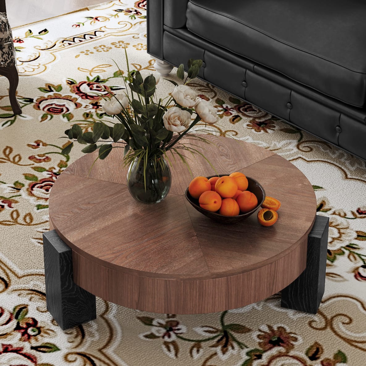 Round Coffee Table with Hidden Storage, Modern Walnut Wood Accent for Living Room