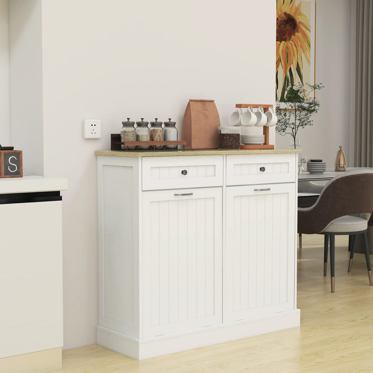White MDF Trash Cabinet - 2 Drawers, Storage for 10 Gallon Cans