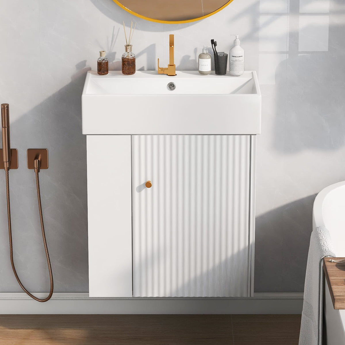 21.6" White Ceramic Bathroom Vanity - Sink Storage