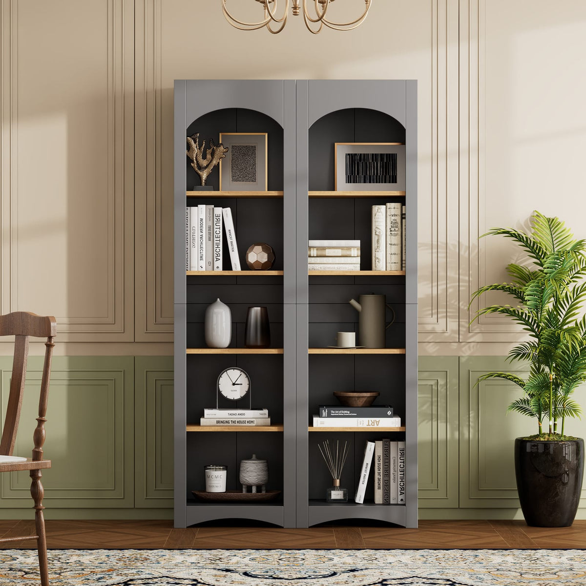 Grey Farmhouse Bookshelf Set of 2 with Adjustable Shelves for Living Room