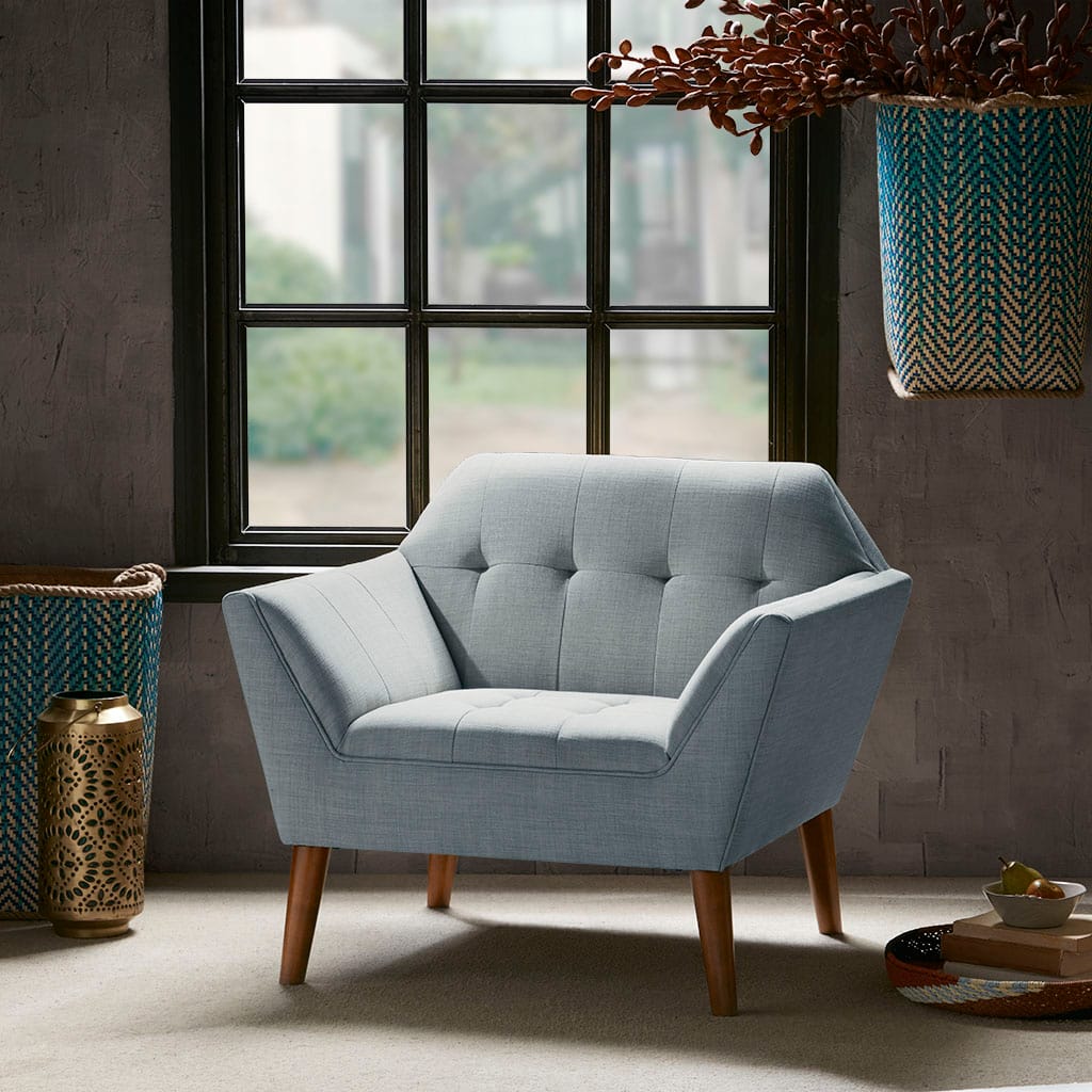 Light Blue Polyester Mid Century Lounge Chair with Armrest for Living Room