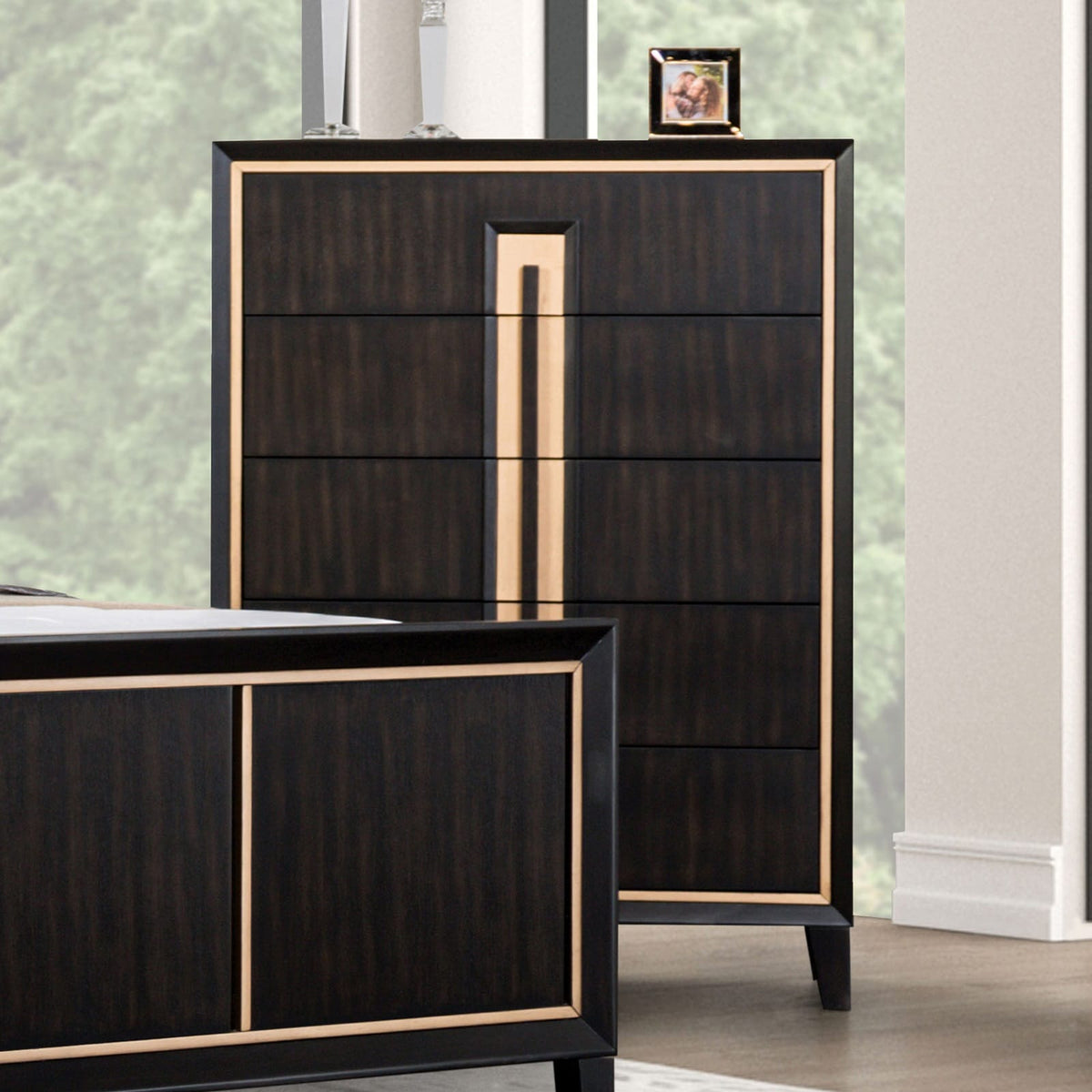Espresso Solid Wood Bedroom Dresser with Gold Accent Trim Storage