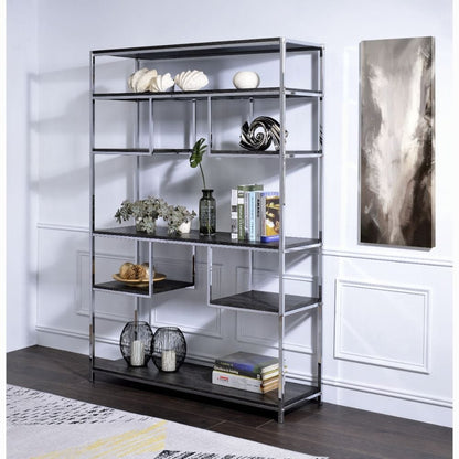 Rustic Grey Oak and Chrome 8-Shelf Bookshelf - Storage & Display