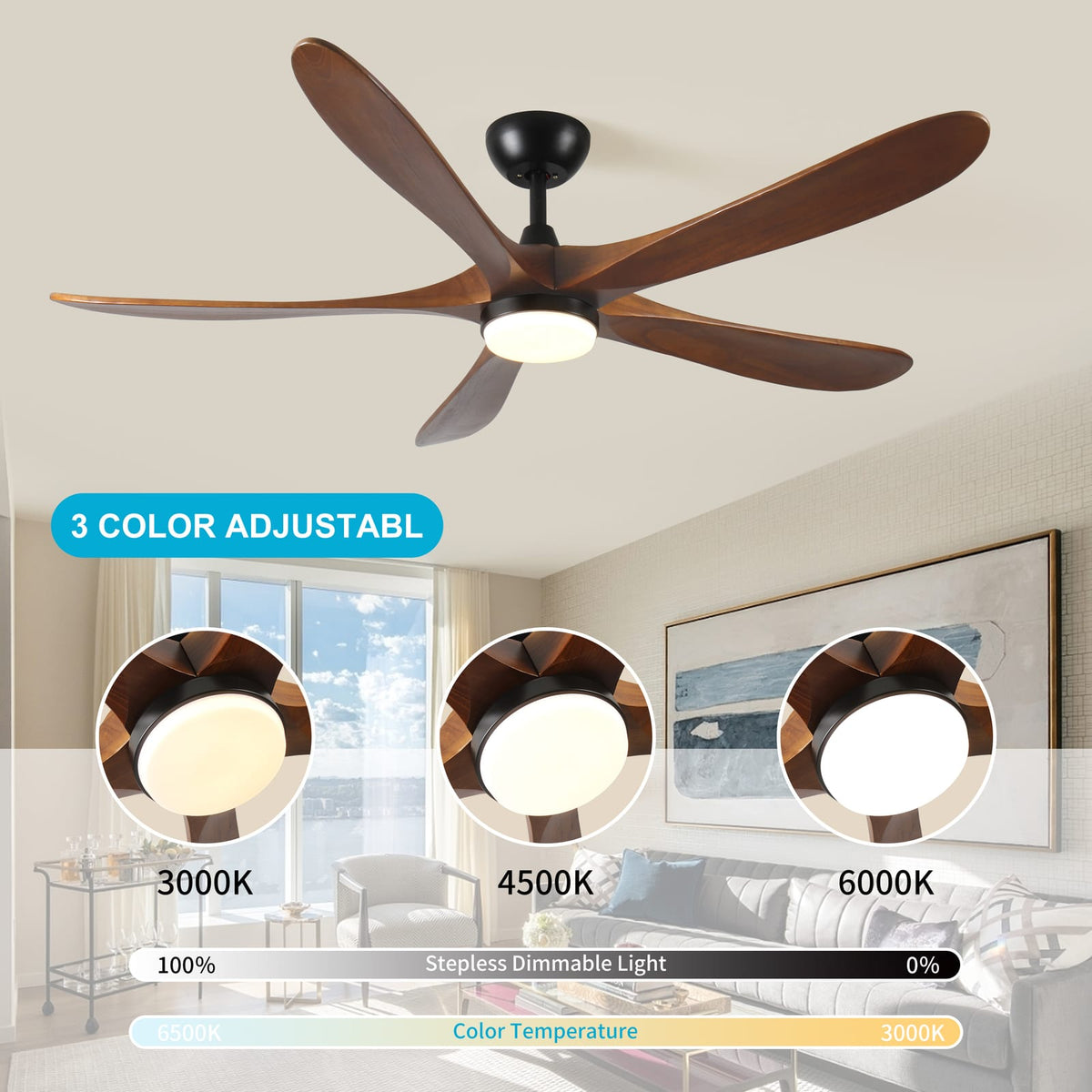 62 Inch Solid Wood Ceiling Fan with Light Antique Brown