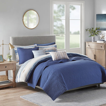 8 Piece Blue Seersucker Comforter Set - King Size