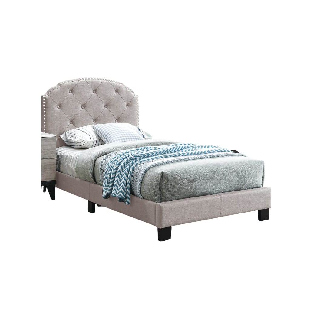 Twin Size Burlap Button Tufted Bed Frame Light Brown