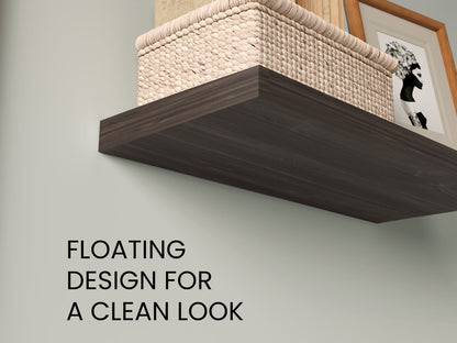 Brown Floating Wood Shelves with Two Spaces for Display and Storage for Living Room
