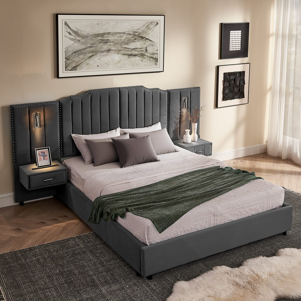 Queen Size Upholstered Bed Frame - Gray Velvet, Vertical Stripe Design