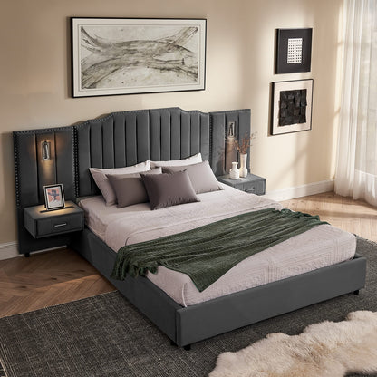 Queen Size Upholstered Bed Frame - Gray Velvet, Vertical Stripe Design
