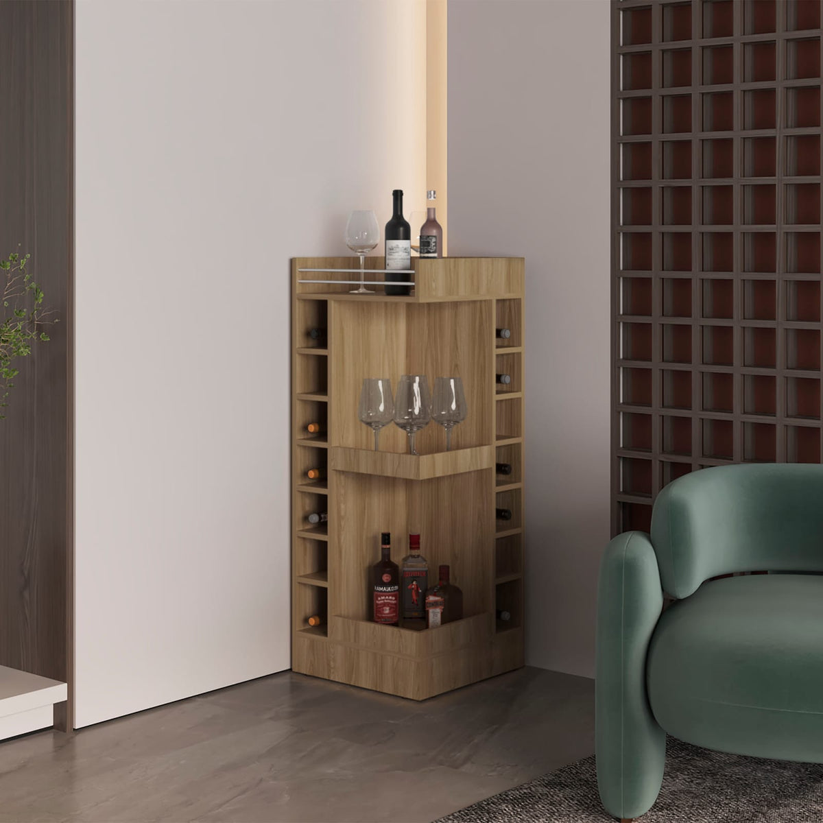 18.3" Natural Wood Bar Cabinet with 16 Shelves for Living Room