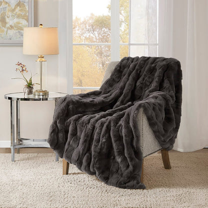 Grey Faux Fur Throw Blanket 50x60", Polyester