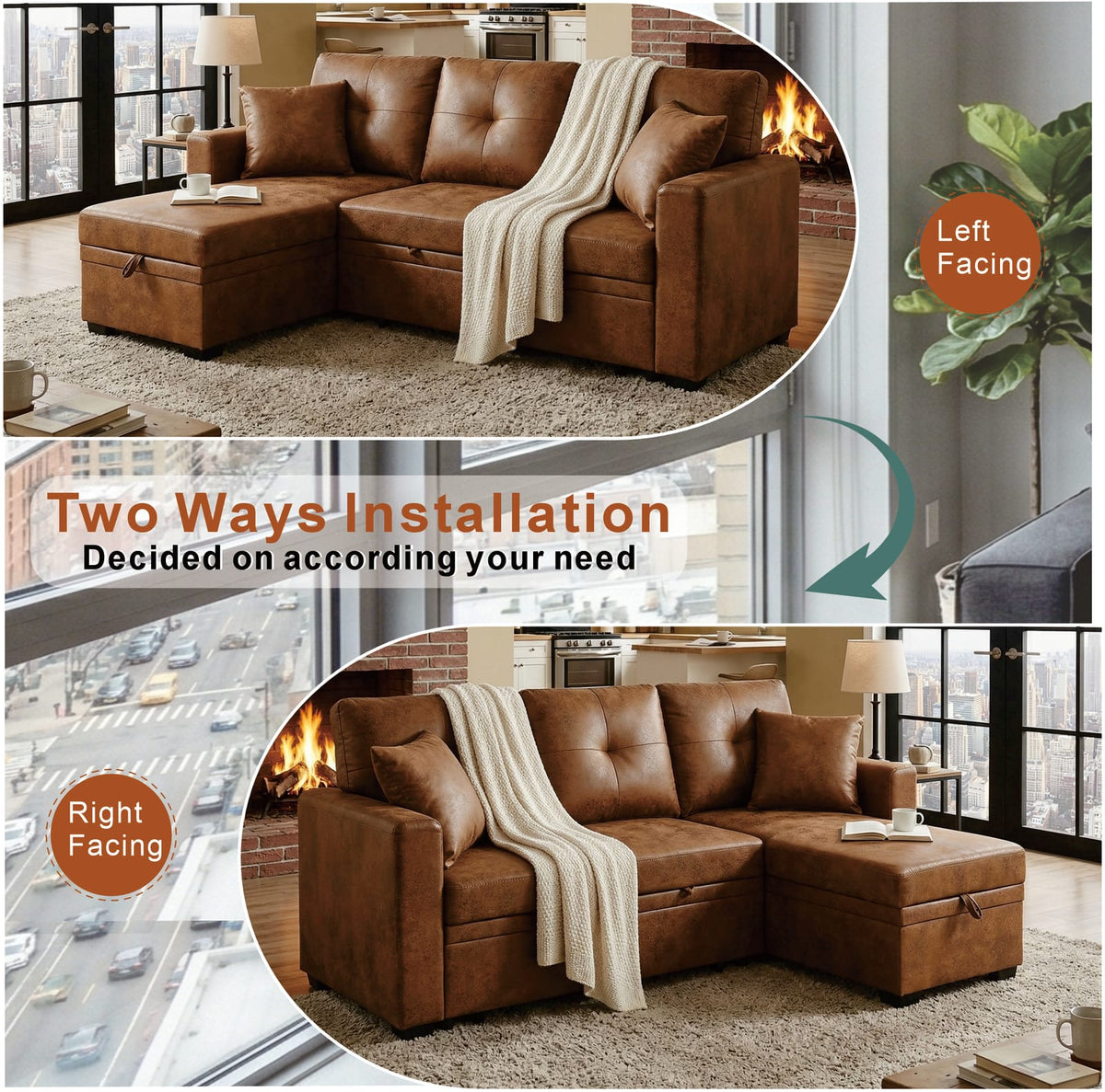 Light Brown Sectional Sofa Bed - Pull Out Sleeper for Living Room