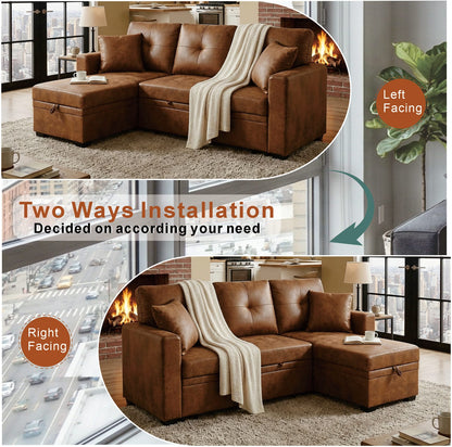 Light Brown Sectional Sofa Bed - Pull Out Sleeper for Living Room