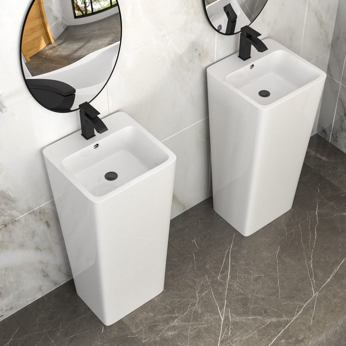 16" White Ceramic Pedestal Sink - Space-Saving Bathroom Basin
