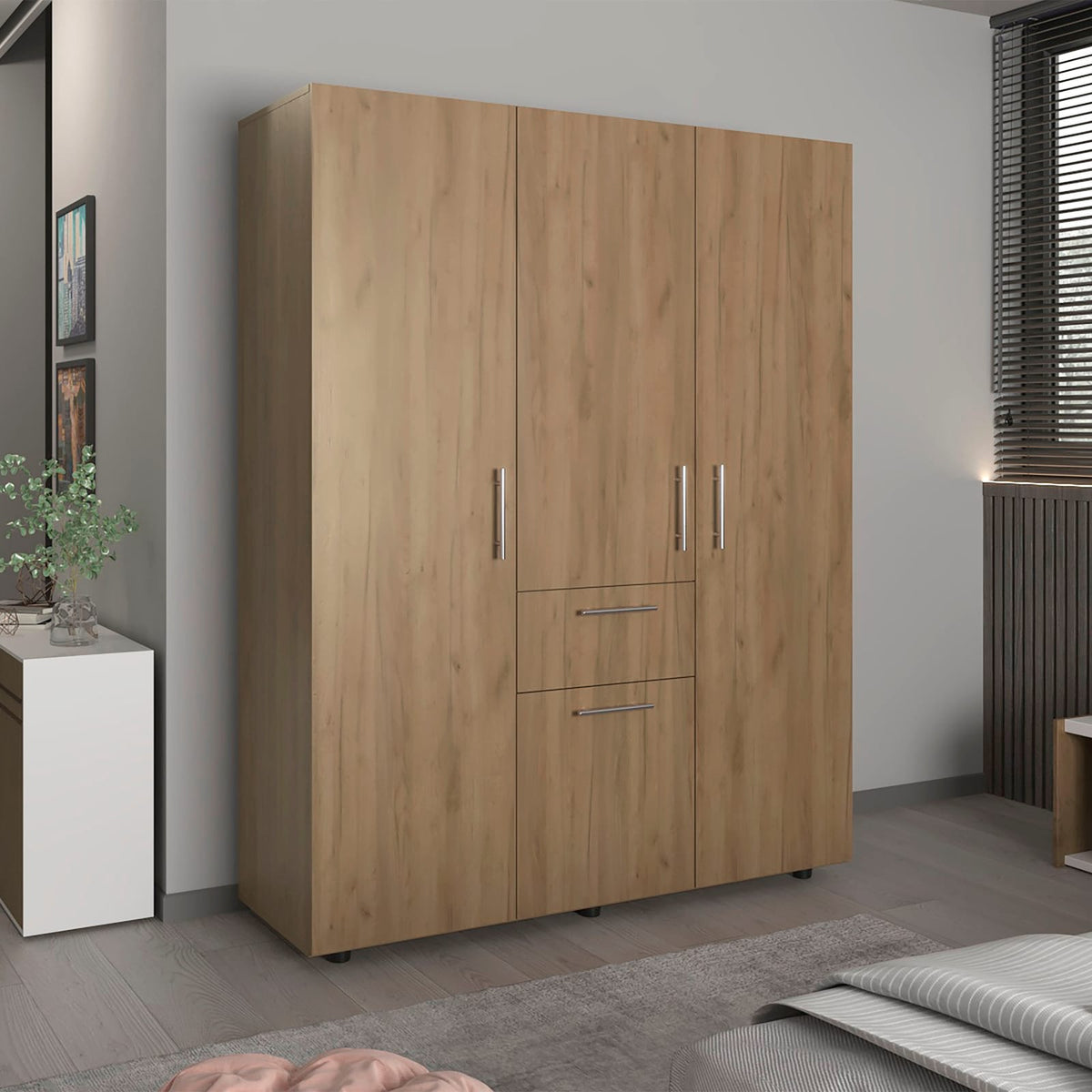 70" Light Oak Bedroom Dresser with Four Doors & Drawer